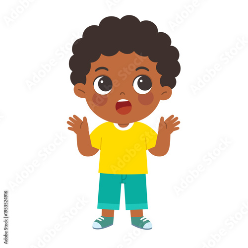 Surprised and shocked little boy cartoon character with open mouth and raised hands isolated on white background.