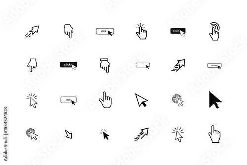 Collection of black and white hand cursor icons depicting various clicking and selecting actions high quality