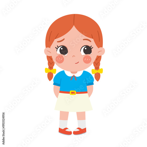 Shy and bashful little girl with pigtails standing timidly cartoon illustration isolated on white background.
