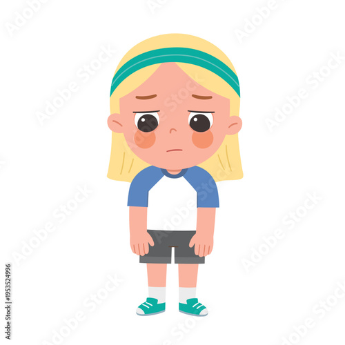 Tired and bored little girl cartoon character feeling exhausted or lazy isolated on white background.