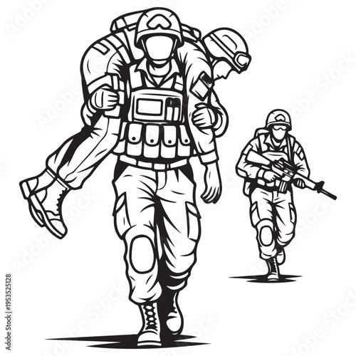 Brave soldier carrying a wounded comrade on his shoulders while another soldier provides cover, evacuating an injured teammate from a combat zone in a bold black and white vector illustration.
