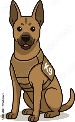 A friendly brown K9 police dog wearing a tactical vest sits attentively, showcasing its loyalty and dedication to service