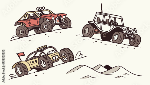Off Road Buggies Racing Up Sandy Dunes Exciting Adventure Sports Illustration for Extreme Vehicle Enthusiasts and Outdoor Recreation Websites