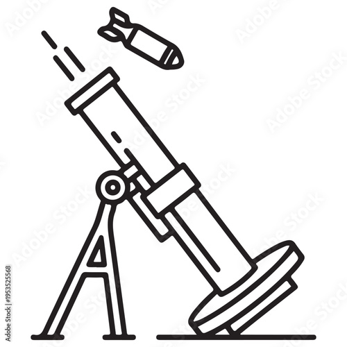 Military mortar artillery weapon firing a projectile shell bomb icon in minimalist black line art style, representing tactical defense and warfare equipment on a clean white background.