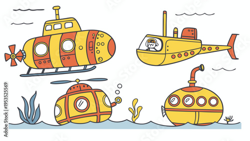 Whimsical Yellow Submarine Fleet Illustration for Children's Book Design Adventure Web Graphics