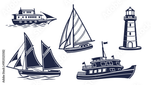 Nautical Vector Set Lighthouse Sailboats Motorboat for Travel Web Design Maritime Adventure Branding Projects