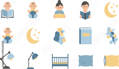 Baby Learning and Bedtime Illustration Set with Reading Children Moon Stars Crib Lamps Pillow and Night Routine Elements for Nursery Vector Design.