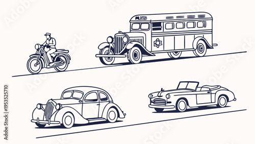Vintage Transportation Collection Motorcycle Bus Classic Cars Driving on Road for Retro Travel Web Design Illustration