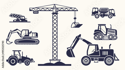 Construction Equipment Set Vector Icons Heavy Machinery Crane Excavator Tractor Silhouettes For Building Industry Web Design Projects