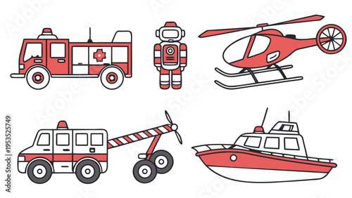 Red and White Emergency Service Vehicles Rescue Icons Set Fire Truck Helicopter Tow Truck Boat for Kids Safety Graphics
