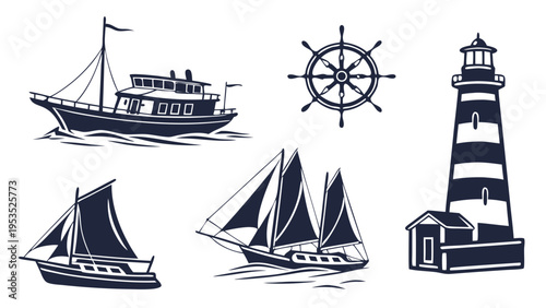 Nautical Vintage Vector Set Lighthouse Ship Sailboat Helm for Travel Maritime Design Web Graphics Summer Vacation Projects