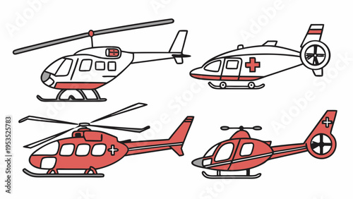 Set of Four Medical Emergency Rescue Helicopters Air Ambulance Icons for Healthcare Transport Design