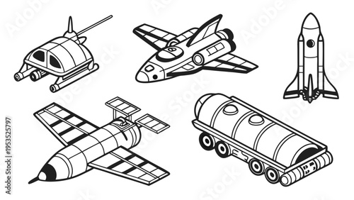 Space Exploration Vehicles Set Rocket Shuttle Rover Satellite Transporter Icons for Science Education and Aerospace Design Projects