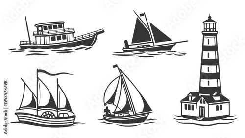 Nautical Vintage Engraving Set Lighthouse Sailboats Steamboat Vector Illustration for Maritime Travel Design