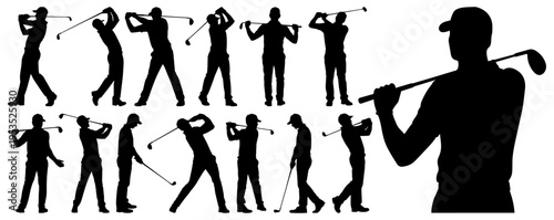 Male Golfer Silhouettes Collection with Professional Golf Swing Action Poses Isolated on Transparent Background