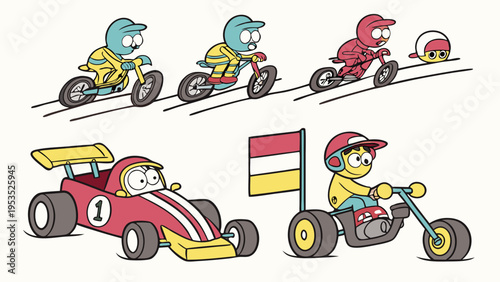 Cartoon Kids Racing Competition with Bicycles Race Cars and Motorbikes for Sports Web Design or Childrens Education Materials