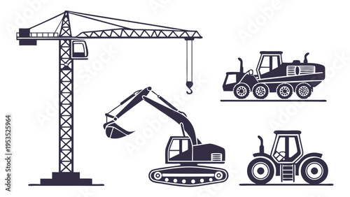 Construction Equipment Icons Crane Excavator Tractor for Building Industry Web Design and Print Projects