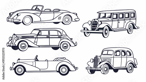 Vintage Automobile Collection Set Classic Car Drawings for Retro Advertising Design Projects