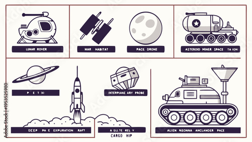 Space Exploration Vehicle Icons Set Lunar Rover Rocket Satellite Moon Lander for Science Education Web Design