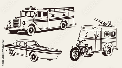 Vintage Emergency Vehicles and Classic Car Lineup for Retro Transport Illustration Design Projects