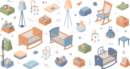 Baby Nursery Furniture and Accessories Collection Illustration with Cribs Lamps Toys Storage and Room Decor Elements for Newborn Interior Vector Design.