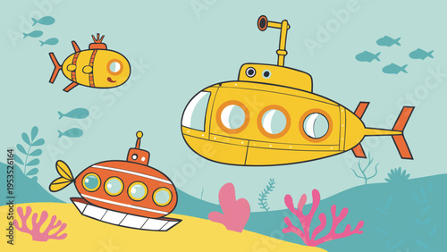 Cute Yellow Submarines Underwater Scene for Children Education Travel Adventure Illustration