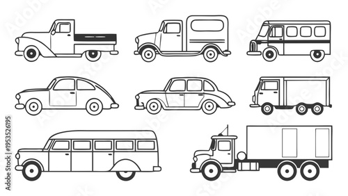 Vintage Vehicle Set Outline Icons for Logistics Delivery Transport Web Design Infographics
