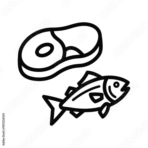 Meat Steak and Fish Icon Set, Simple Outline Drawing