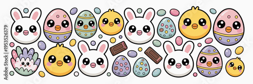 Cute Japanese style Easter character icons – Ideal for nursery decor, children’s birthday invitations, or whimsical gift tags.