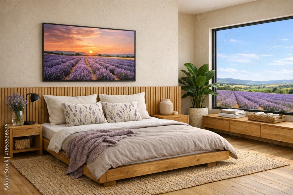 Fototapeta premium Contemporary Spring Bedroom with Lavender Fields View and Natural Wood Design 