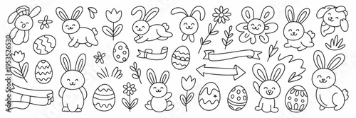 Whimsical Easter sketch icons in black and white – Suitable for creative bullet journaling, craft stencils, or digital stamps.