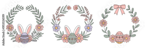 Hand-drawn Easter floral wreaths with decorated eggs – Perfect for holiday greeting cards, florist promotions, or feminine branding.