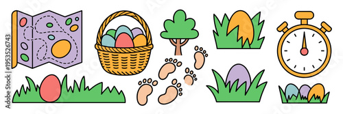 Playful Easter egg hunt activity icons – Perfect for kids' party printables, treasure map designs, or school event flyers.
