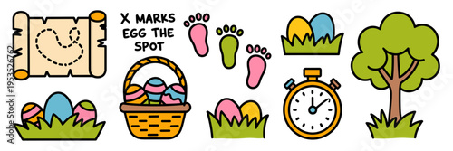 Hand-drawn Easter egg hunt map and basket icons – Great for family game night assets, youth branding, or spring digital scrapbooking.