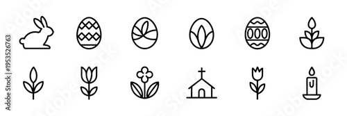 Thin black outline Easter rabbit and church icons – Ideal for elegant religious programs, minimalist branding, or spring app interfaces.