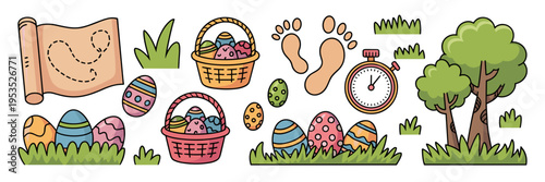 Whimsical doodle Easter egg hunt clipart set – Ideal for children's stickers, holiday activity books, or festive event marketing.