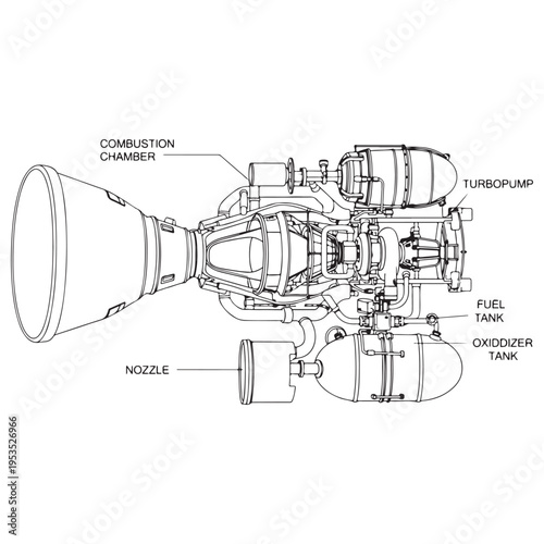 Detailed technical line art diagram of a rocket engine showcasing internal components and mechanical structure, isolated on white for educational or engineering design use with clear labels.