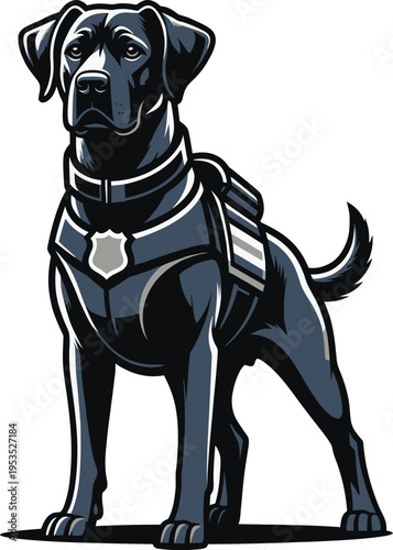 Police dog illustration, a strong black German Shepherd wearing a tactical vest and badge, ready for duty
