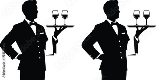 Elegant silhouette set of professional male waiter in tuxedo and bowtie carrying tray with wine glasses for luxury restaurant service