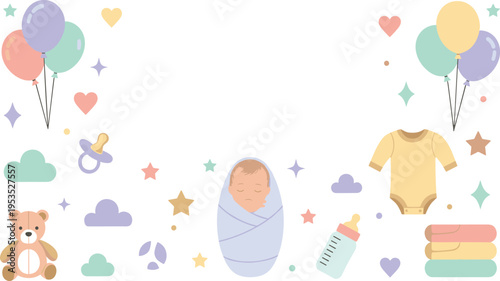 Baby Shower Background Illustration with Balloons Clothes Bottle Teddy Bear and Newborn Elements for Invitation Card Nursery Celebration Vector Design.