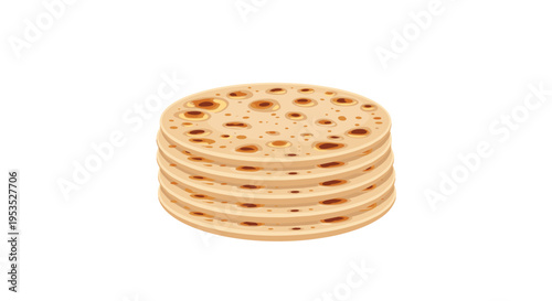 A neat stack of five round, light brown flatbreads with dark spots is presented centrally on a plain white background.