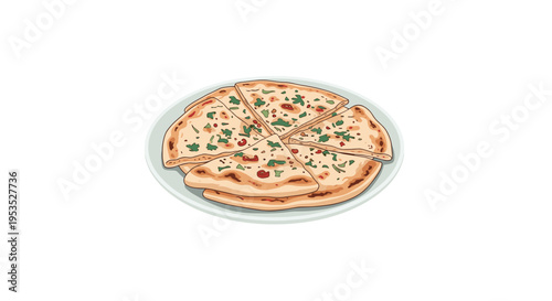 A round naan bread, sliced into six triangular pieces and garnished with herbs, is arranged on a light blue plate.