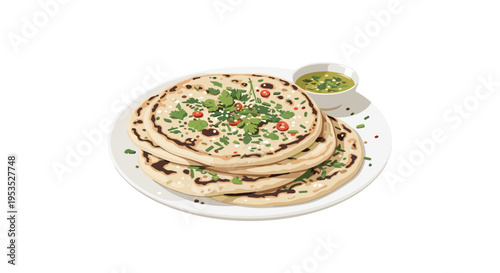 Three round naan breads garnished with herbs and chili flakes are stacked on a white plate with a side of green dipping sauce.