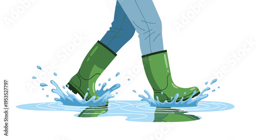 A person's legs wearing light blue jeans and vibrant green rubber boots are actively splashing through a shallow puddle.