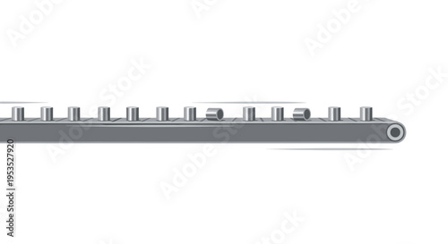 A long grey industrial conveyor belt transports several silver cylindrical objects across a white background.