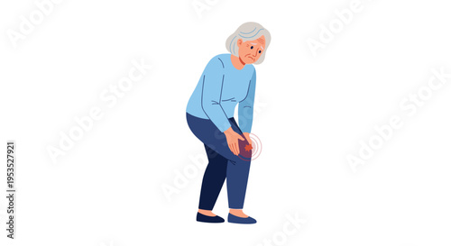 An elderly woman with grey hair stands, holding her knee with a red pain indicator, against a white background.