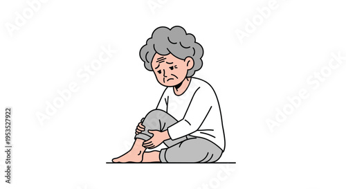An elderly woman with grey curly hair sits on the floor, holding her knee in pain against a white background.