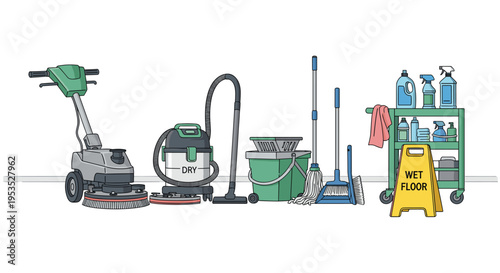 Various professional cleaning equipment, including a floor polisher, vacuum, mops, and a cart with a WET FLOOR sign, are neatly arranged on a light grey floor.