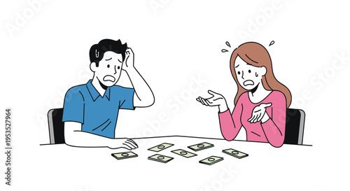 A cartoon man and woman sit across a table, looking distressed at several stacks of banknotes, on a white background.
