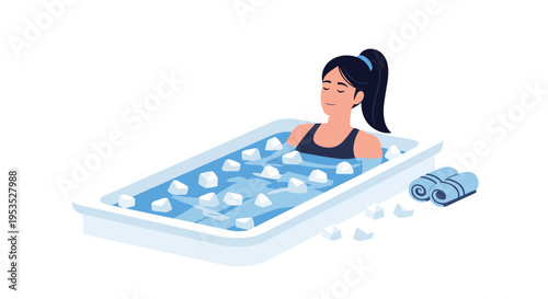 A cartoon woman with dark hair relaxes in a rectangular bathtub filled with water and ice cubes, with two rolled towels nearby, on a white background.